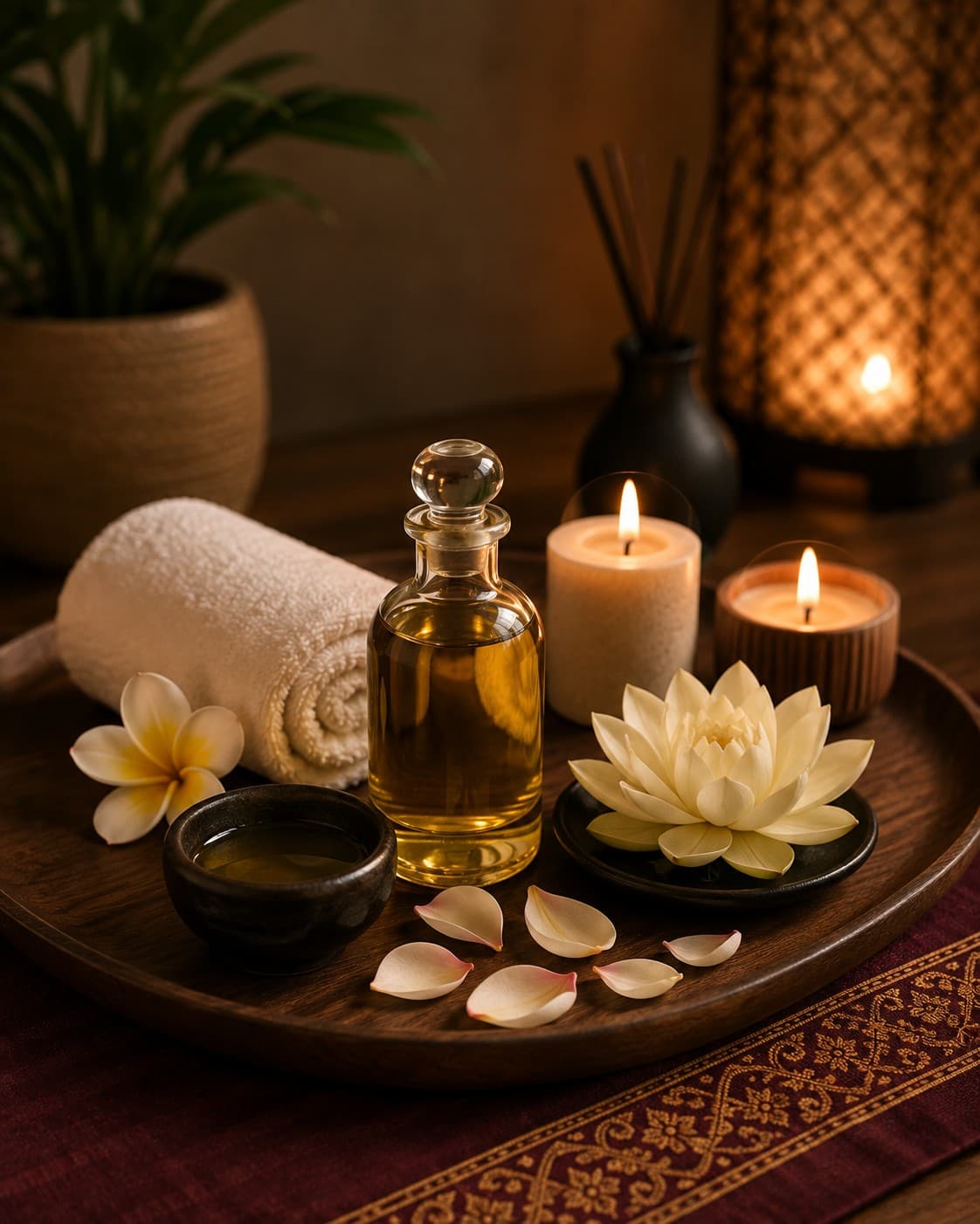Hot oil massage preparation with candles and florals