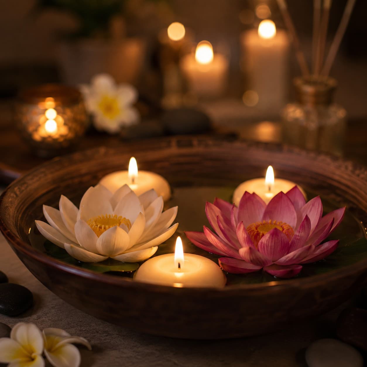 Soft candlelight and lotus flowers set the mood