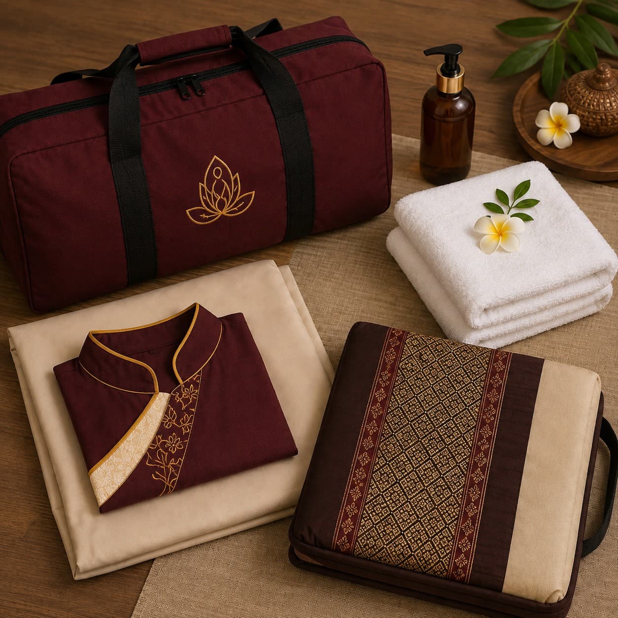 Professional massage kit and clean towels prepared for a home treatment