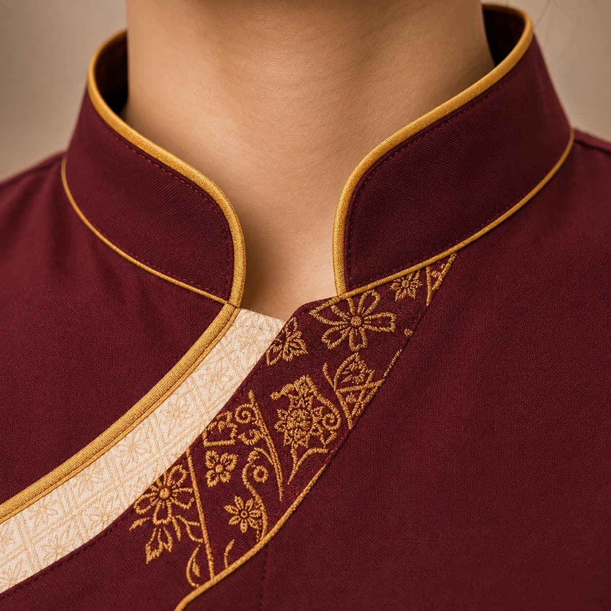 Close-up of the Thai-inspired collar with gold piping