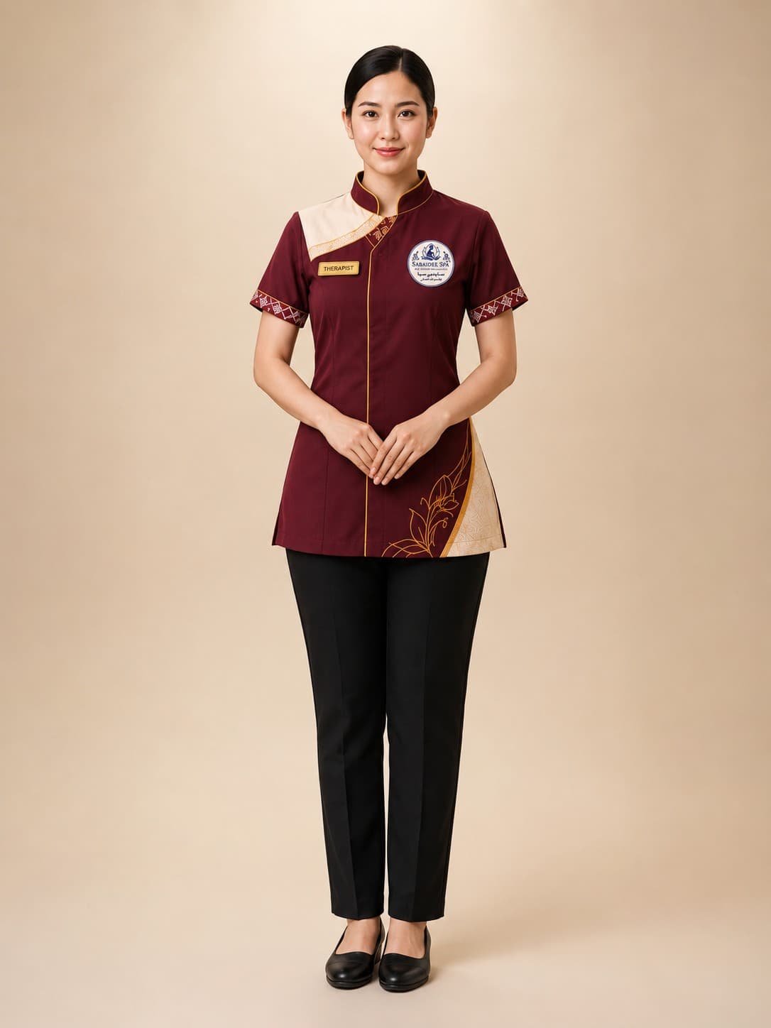 SabaiDee therapist wearing the official maroon and champagne-gold uniform