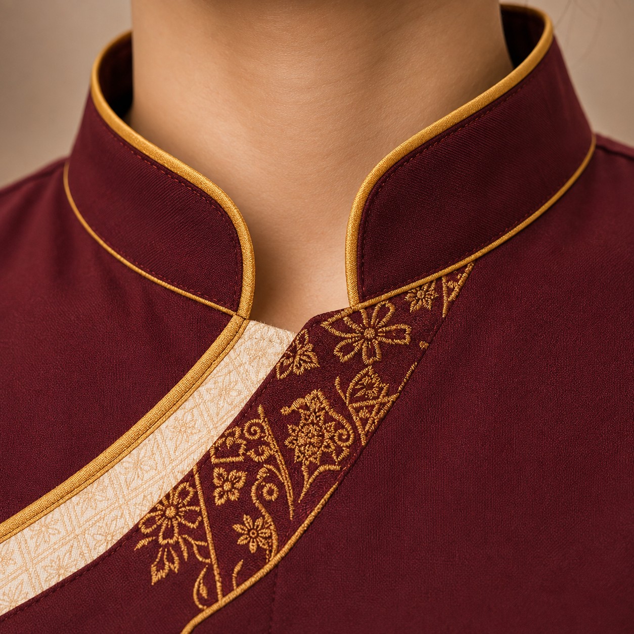 Close-up of the Thai-inspired collar with gold piping