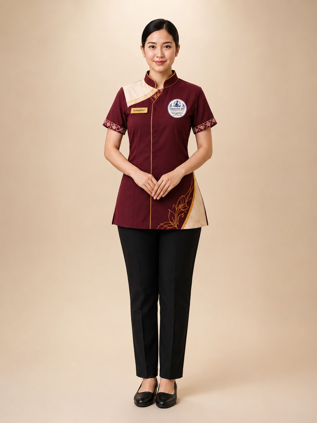 SabaiDee therapist wearing the official maroon and champagne-gold uniform